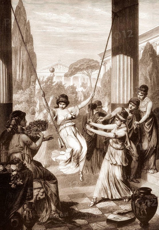 Girls playing with a children swing, Greek Allegory, ancient Greece