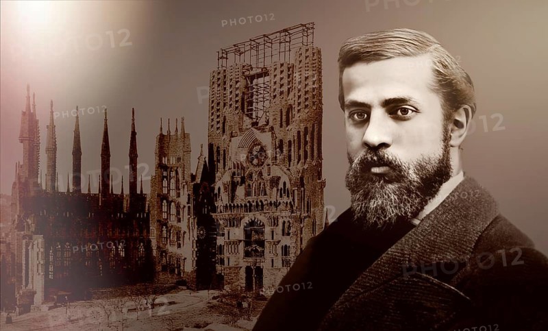 Portrait of Antoni Gaudí i Cornet, 1852 – 1926, Catalan architect and designer from Spain, the greatest exponent of Catalan Modernisme, Construction site of the Basílica i Temple Expiatori de la Sagrada Família, known as Sagrada Família, 1908, Barcelona, Catalonia, Spain, digitally edited