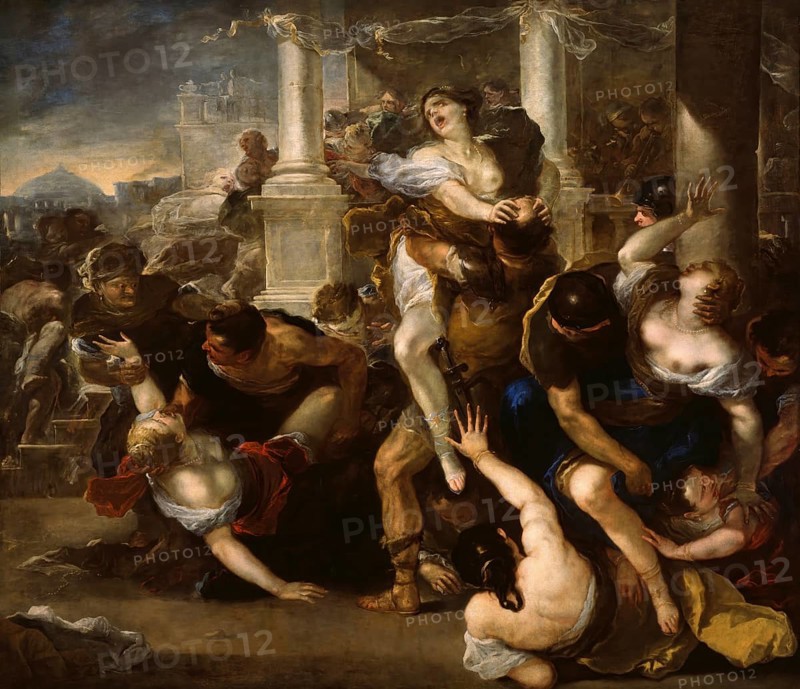 Luca Giordano (b. 18 October 1634, d. 3 January 1705), called Fa Presto, Italian painter and etcher of the Baroque period, The Abduction of the Sabine Women (1675-80), Painting, Reproduction of the painting in its original state, Work of art, Historical, Dramatic scene with soldiers and woman in a chaotic environment