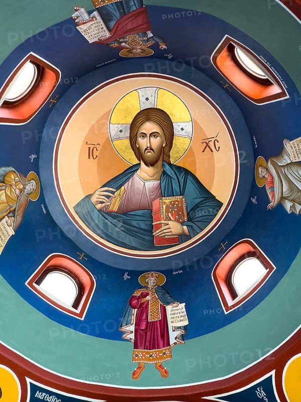 Ceiling painting with Christian Greek Orthodox motifs Jesus Christ in small church chapel in Byzantine style architectural style on grounds of Unesco Site Site Orthodox Greek Orthodox Monastery Moni Odigitria, Festos, Crete, Greece