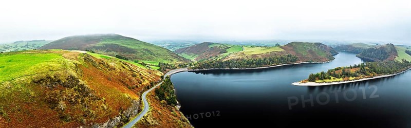 Autumn colours over Llyn Clywedog and Clywedog Reservoir from a drone, Llanidloes, Wales, UK