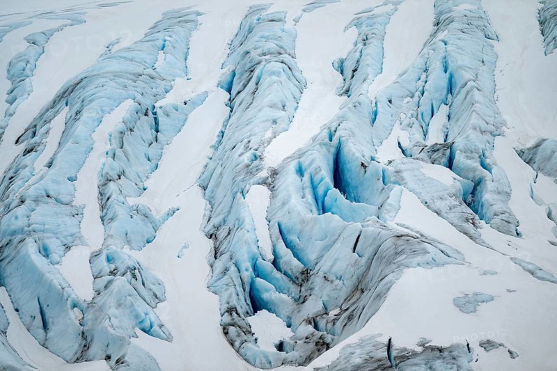 Blue rugged glacier ice with crevasses and snow, detail, Exit Glacier, Kenai Peninsula, Alaska, USA