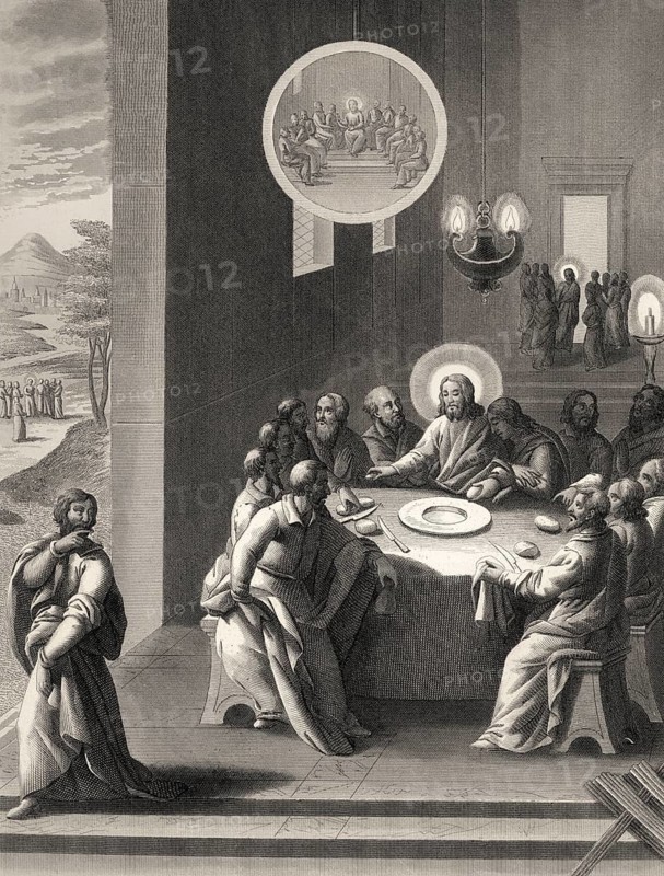Judas Iscariot retiring from the Last Supper, New Testament, steel engraving 1853, digitally restored