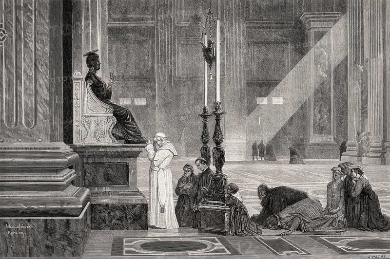 Pope Pius IX at bronze statue of Saint Peter, St. Peter's Basilica, Vatican, Rome, Italy, 19th Century
