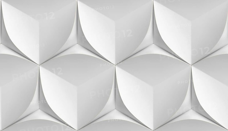 Minimalist 3D illustration with crisp white cubic and petal-like patterns forming a seamless geometric texture, evoking balance, simplicity, and modernity