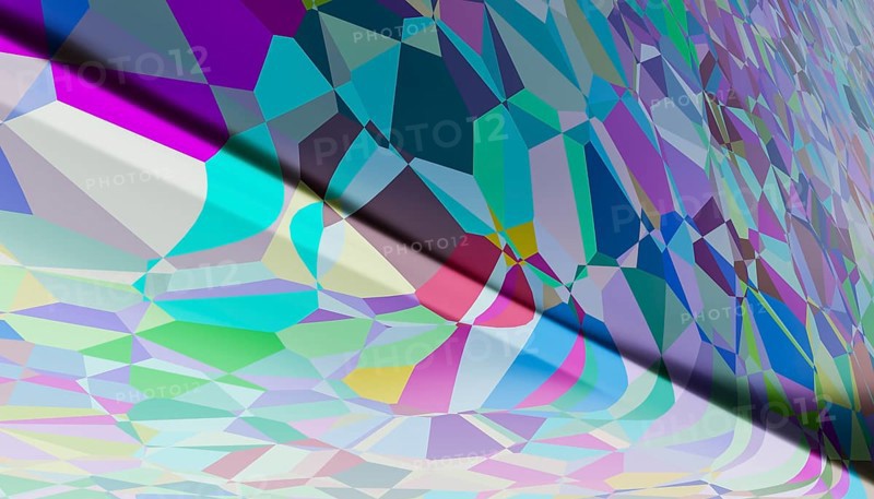 This image displays a vivid 3D rendering of irregularly shaped color polygons that overlap and intersect in a visually captivating manner, showcasing a range of hues and gradients