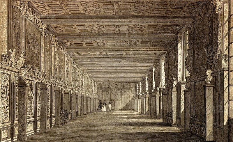 Gallery, The Royal Château de Fontainebleau, near Paris, antique steel engraved print, 1831
