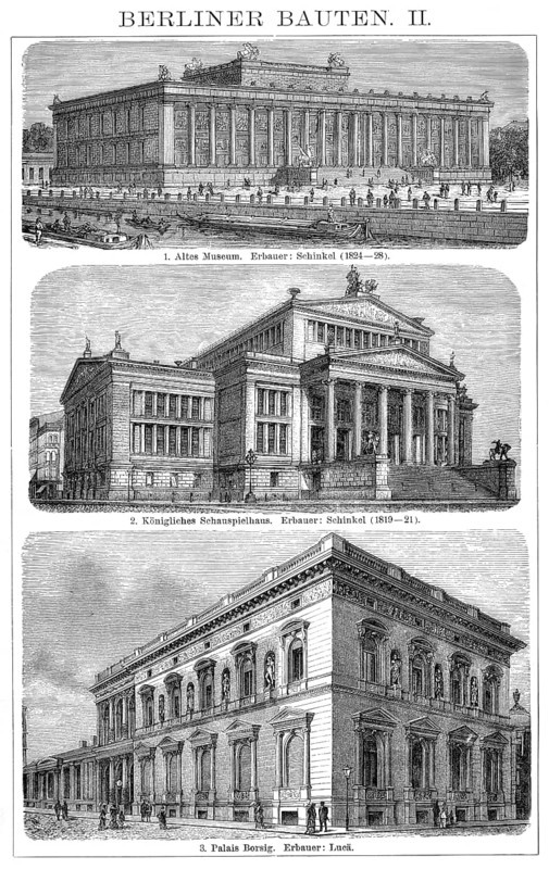 Historic illustration, 19th century, buildings in Berlin, Germany, Museum, Schauspielhaus, Palais Borsig, historische Zeichnung, 19. Jahrhundert, Gebäude in Berlin, Museum, Schauspielhaus, Palais Borsig