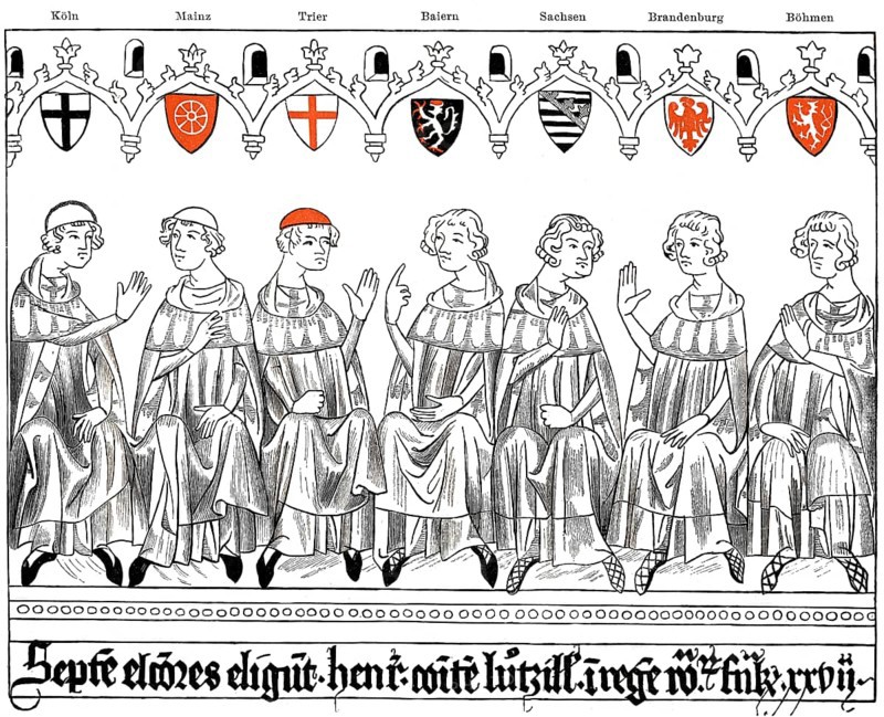 Illustration of Prince-electors in deliberation, from left: Archbishop of Cologne, Archbishop of Mainz, Archbishop of Trier, Count Palatine of the Rhine, Duke of Saxony, Margrave of Brandenburg and King of Bohemia, Frankfurt, in November 1308