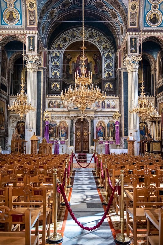 Cathedral of the Annunciation, Greek Orthodox Church, altar and rows of chairs, decorated interior, Athens, Greece