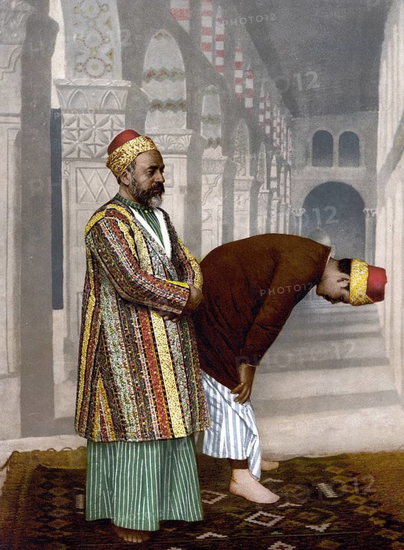 Muslims at prayer, Holy Land, Historical, Digitally restored reproduction from a 19th century original, Record date not stated