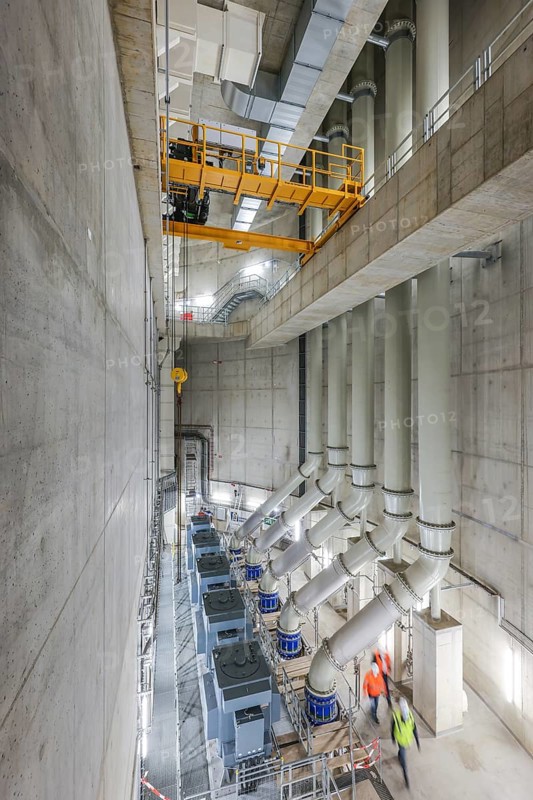 Oberhausen, Ruhr area, North Rhine-Westphalia, Germany - Emscher conversion, new Emscher AKE sewer, here the new Oberhausen pumping station, engine room with the pumps. Germany's largest wastewater pumping station uses 10 pumps to pump up to 16, 500 litres of wastewater per second from a depth of around 40 metres. The ecological conversion of the Emscher system consists of the construction of a central wastewater treatment system in the Ruhr region, the construction of sewers and the renaturalisation of the Emscher and its tributaries