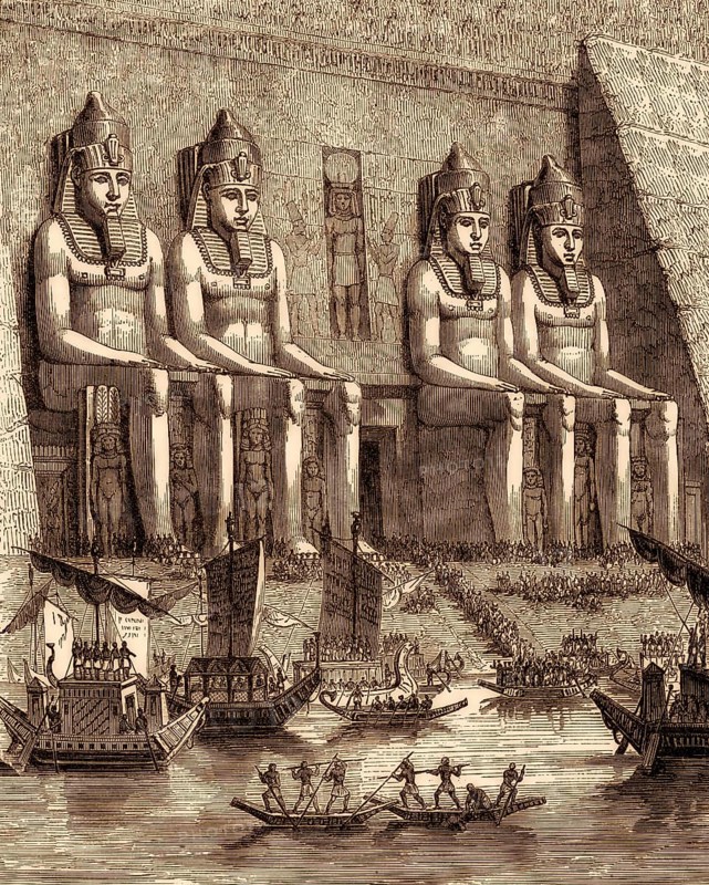 Ancient Egyptian ships, Abu Simbel temple, drawing from the 19th century