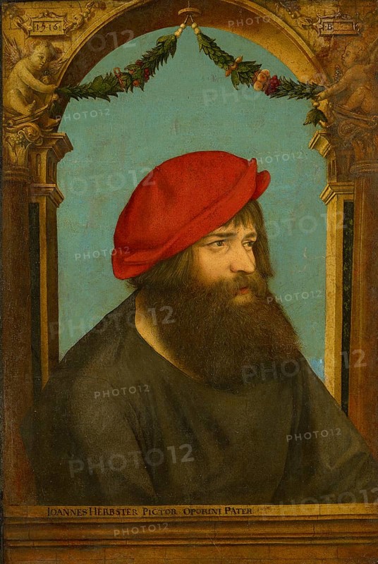 Picture of Hans Herbst (born 1470 in Strasbourg, died 10 November 1552 in Basel) was a Swiss painter, mounted on limewood, painted by Ambrosius Holbein (born around 1494 in Augsburg, died after 1519 in Basel) was a German-Swiss painter and graphic artist, reproduction from a model of the time, historical, digitally enhanced