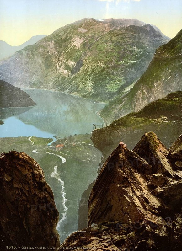 General view towards Merok, Geirangerfjord, Norway, View from 1885, Historical, digitally restored reproduction from a 19th century original, Record date not stated