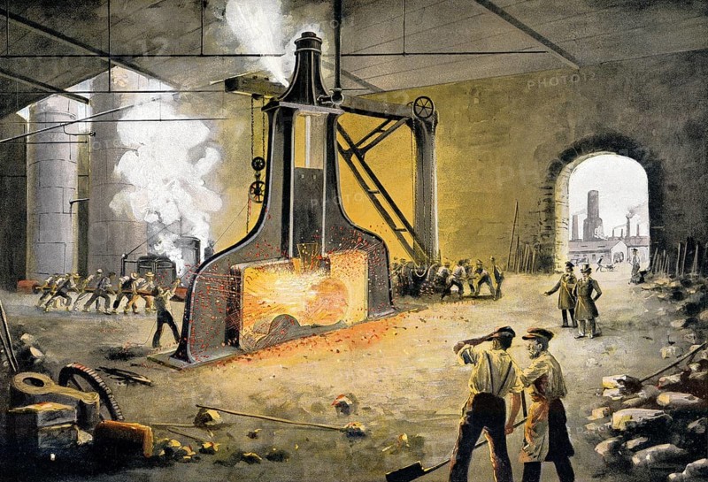 James Nasmyth's patent steam hammer, 1843, James Hall Nasmyth, a Scottish engineer and inventor, Dampfhammer zum Schmieden einer Schiffswelle von James Nasmyth, ein schottischer Ingenieur und Erfinder, 1843