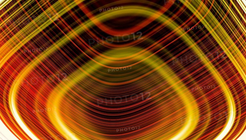 A dynamic 3D render depicting holographic concentric lines with a spectrum of yellow and red tones, creating a mesmerizing visual effect