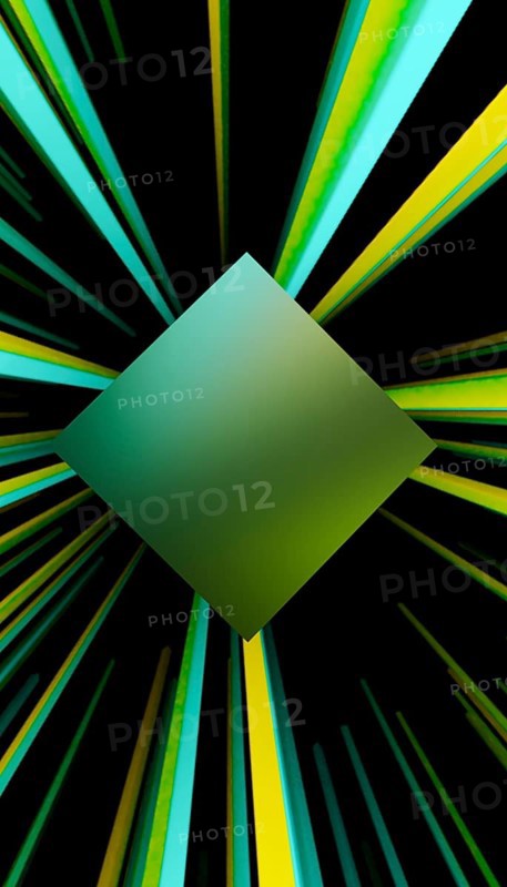 A vibrant 3D render featuring a central glowing cube surrounded by dynamic green and yellow beams radiating outward