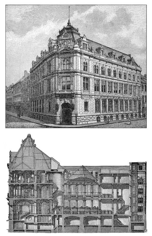 Historic illustration, 19th century, Bank building, Bayerische Vereinsbank, Munich, Bavaria, Germany, Europe, Bankgebäude der Bayrische Vereinsbank, München, Bayern, Deutschland, historische Zeichnung, 19. Jahrhundert