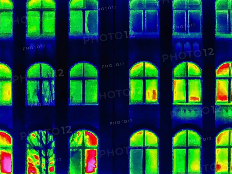 Thermal image or thermography, symbolic photo, interpolated. The photo shows areas of heat loss in a building. Stuttgart, Baden-Württemberg, Germany
