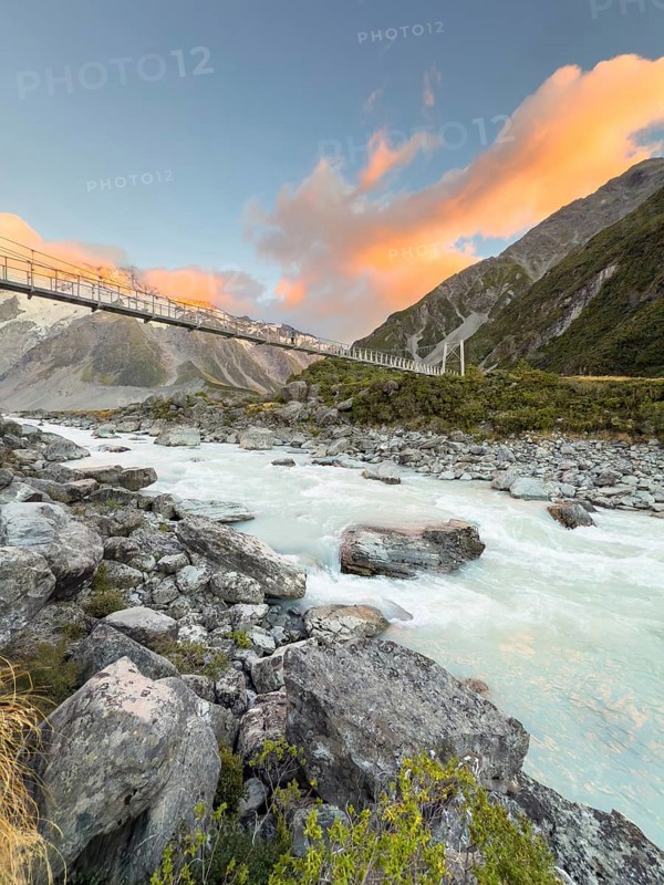 Suspension bridge on the Hooker Valley Track hiking trail, Mount Cook National Park, South Island, New Zealand, Oceania