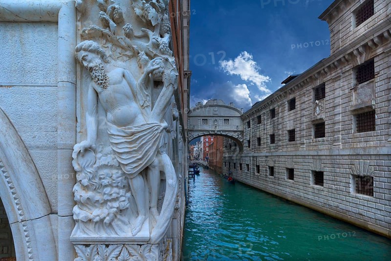 Bridge of Sighs, a sculpture on the left, Noah's drunkenness at the Ducal Palace, Venice, Veneto, Italy