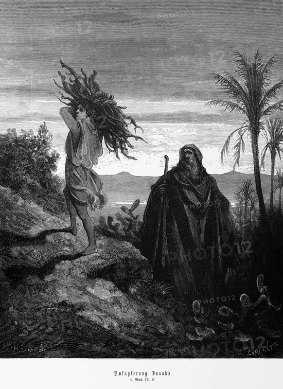 Bible, sacrifice of Isaac, Genesis, 22, 6, collecting wood, work, palm trees, landscape, old man, rocks, cacti, Moses, Old Testament, historical illustration 1885