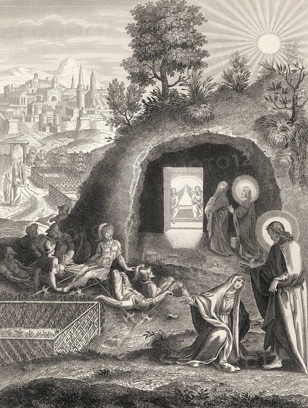 The empty tomb, Mary Magdalene, Resurrection of Jesus, New Testament, steel engraving 1853, digitally restored
