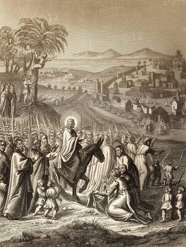 Jesus's triumphal entry into Jerusalem on Palm Sunday, New Testament, steel engraving 1853, digitally restored