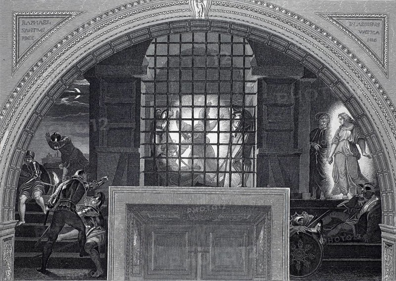 The Liberation of Peter, St. Peter, Peter, based on a painting by Raphael, Vatican, Rome, Italy, illustration, reproduction from a 19th century model. Authentic, file restored for optimal use, exact date of original unknown, historical, engraving of a prison scene with figures and dramatic lighting in Baroque style, monumental and impressive