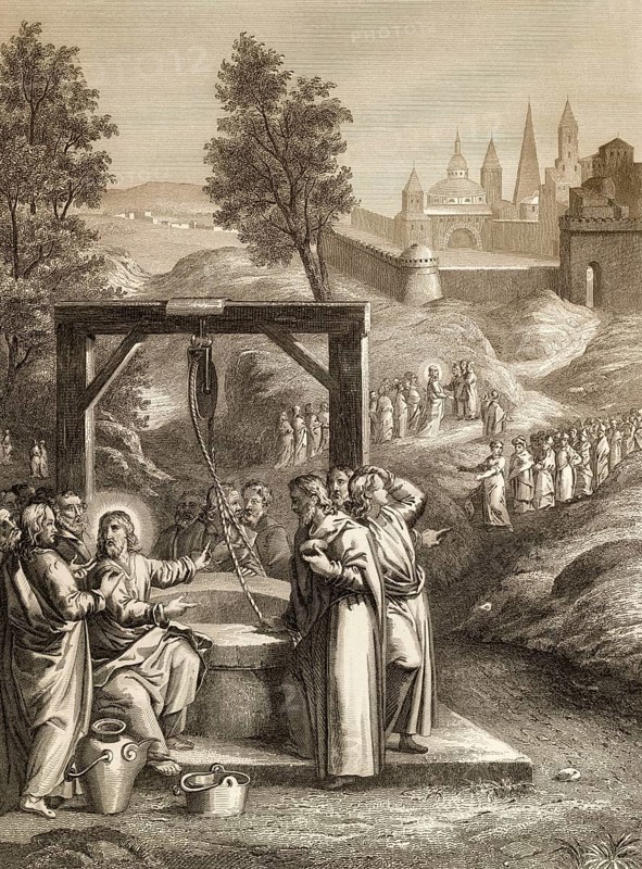 Jesus talks with a Samaritan woman, the Samaritan woman returns, New Testament, Steel engraving 1853, digitally restored