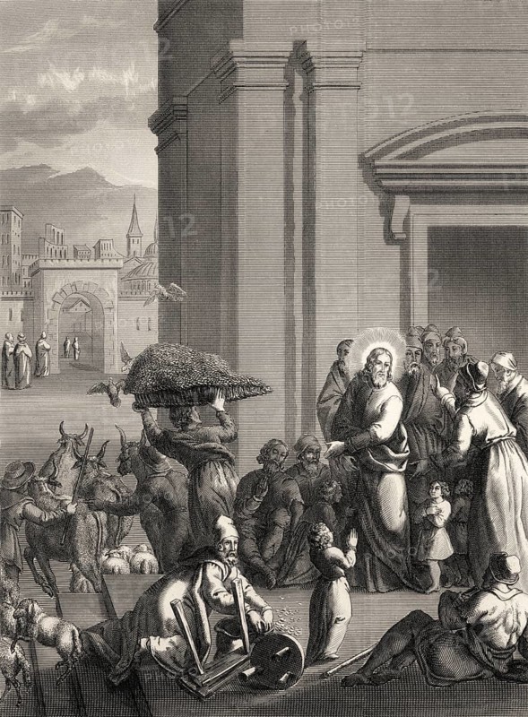 The second cleansing of the Temple, New Testament, steel engraving 1853, digitally restored