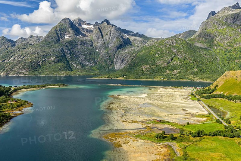 Aerial view of a bay at Raften at the Raftsund, the waterway between Lofoten and Vesteralen, Norway