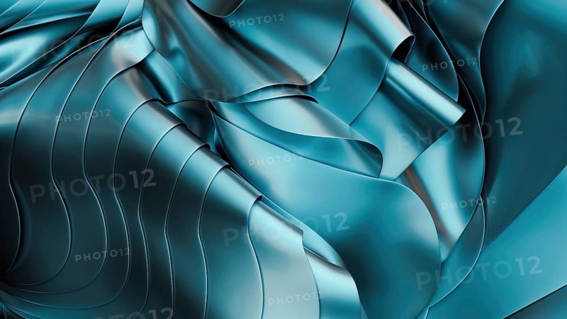 An abstract image showcasing blue metallic waves with a fluid, glossy texture in 3D. The flowing curves and reflective surfaces create a sense of movement and modern elegance
