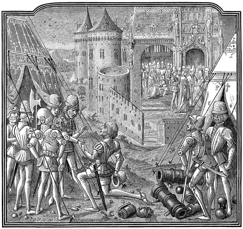 The marriage of Mary or Maria, 1371-1395, Queen regnant of Hungary and Croatia to Sigismund of Luxemburg, 1368-1437, Holy Roman Emperor