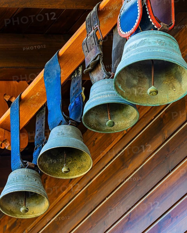Cowbells as decoration, Grimentz, Val d'Anniviers, Valais Alps, Canton Valais, Switzerland