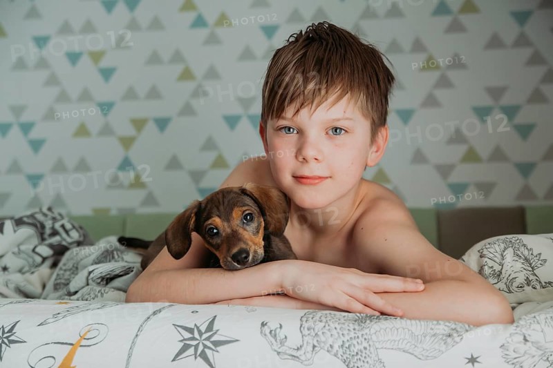 A young boy, with thoughtful blue eyes, gently holds his small Dachshund puppy as they relax together on a patterned bedspread. The intimate scene captures a tender moment of friendship and warmth in a softly colored bedroom