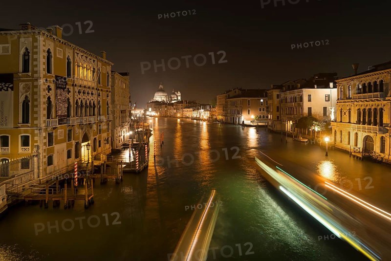 Grand Canal with view of Santa Maria della Salute at night, Venice, Veneto, Italy