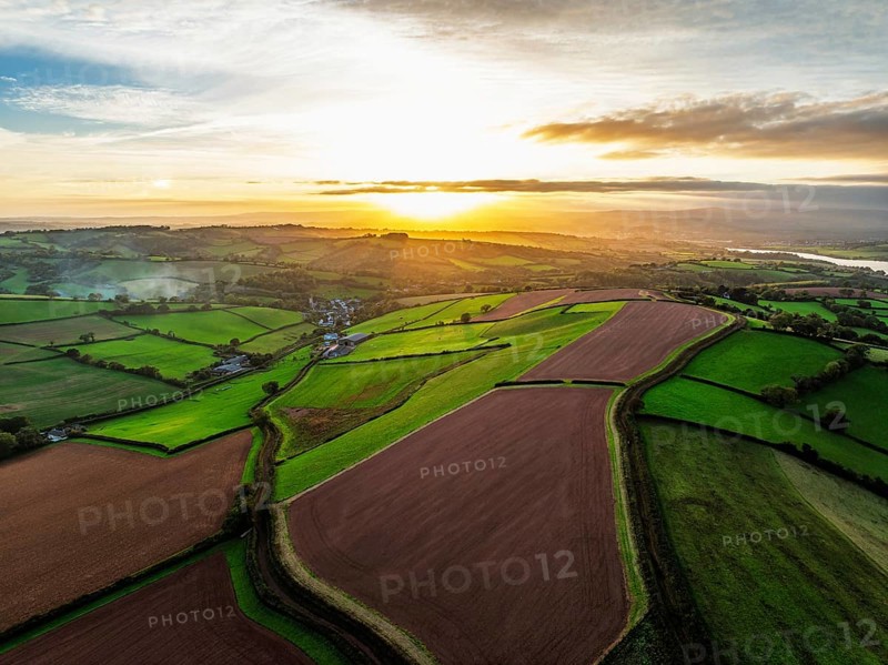 Colours of autumn Fields and Farms over Sheldon from a drone, Torbay, Devon, England, United Kingdom
