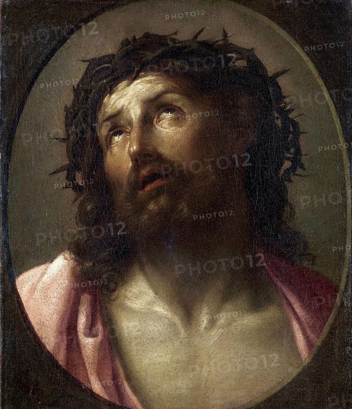 Painting, Reproduction of the painting, Work of art, Historical, Guido Reni, called il Guido or il divino Guido (born 4 November 1575 in Bologna, died 18 August 1642) Italian painter, fresco artist and etcher of the Bolognese school, main representative of a baroque classicism in painting, here the work:, Man of Sorrows (1630, 1700), Man of Sorrows (1630, Christ with a crown of thorns, looking sorrowfully upwards)