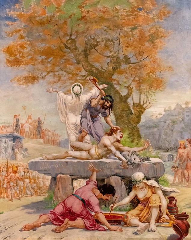 Sacrifice on a dolmen, painting by Jean-Baptiste Cariven (1843 to 1904, French painter), reproduction of a 19th century painting, digitally restored, historical