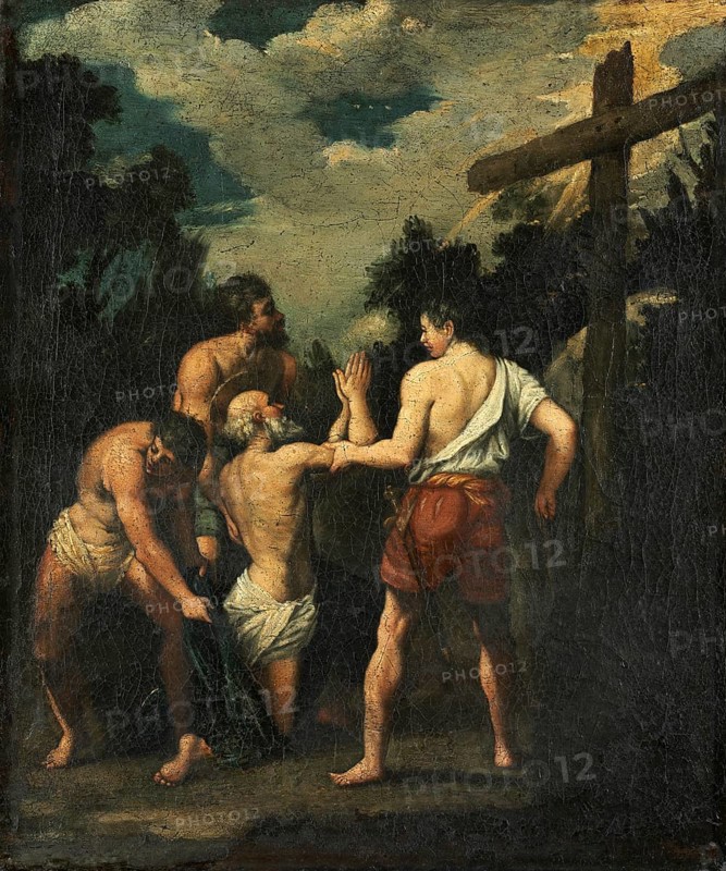 Painting, Reproduction of the painting, Work of art, Historical, Guido Reni, called il Guido or il divino Guido (b. 4 November 1575 in Bologna, d. 18. August 1642) Italian painter, fresco artist and etcher of the Bolognese school, main representative of a baroque classicism in painting, here the work:, Martyrdom of Saint Andrew (1600s), Martyrdom of Saint Andrew (17th century), Three men prepare the crucifixion, a gloomy and dramatic scene
