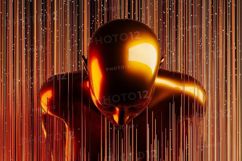 A sleek metal humanoid stands against a backdrop of vibrant, swirling lines representing artificial intelligence and technology concepts
