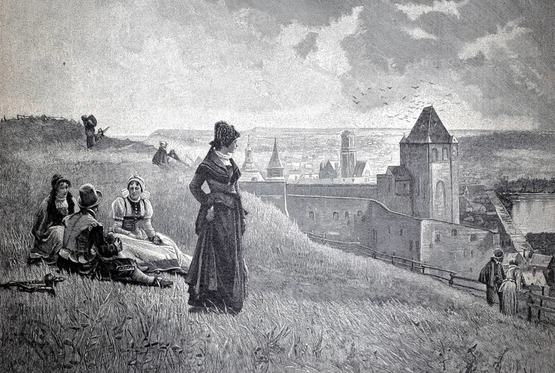 People in rural surroundings in front of a fortified castle or town, in front of the city gate during a trip to the countryside, 1890, illustration, reproduction from a model from the 19th century. Authentic, file restored for optimal use, exact date of submission unknown, Historical, a group of woman looking down at a medieval city under a cloudy sky