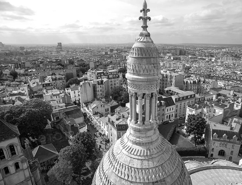 Sacré-Cœur Basilica tower, church in Motmartre, black and white, Paris, France