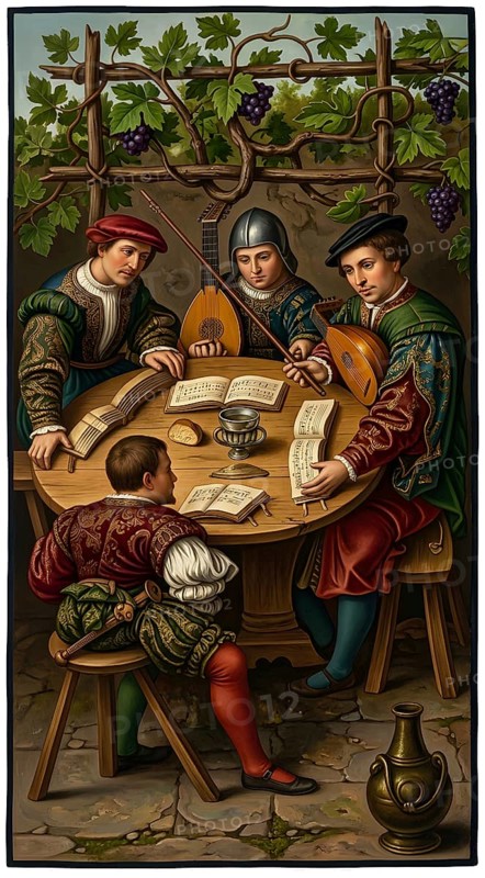 Singing scholars during student life around 1500, historical illustration, digitally edited, university, middle ages, student