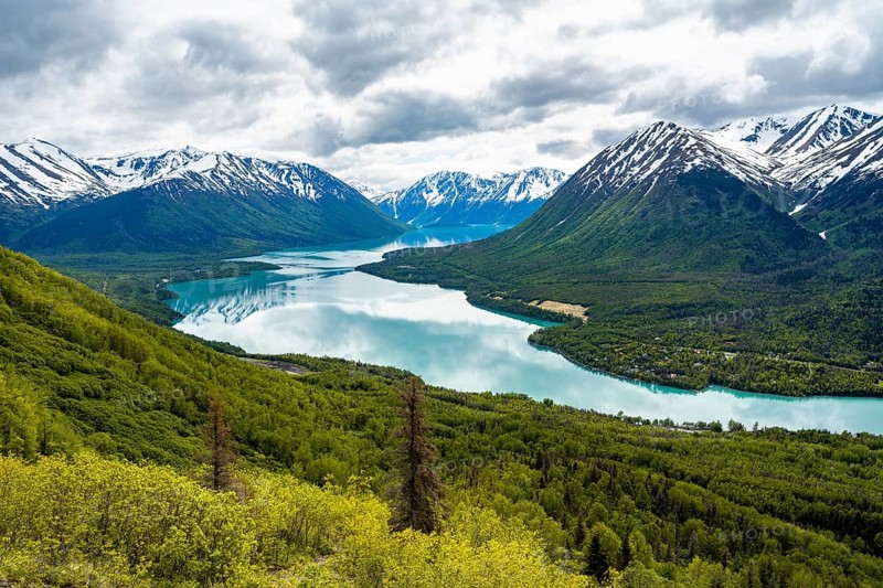 View of snowy mountains in spring and turquoise blue Kenai Lake, Slaughter Ridge Trail, Cooper Landing, Kenai Peninsula, Alaska, USA