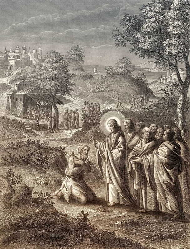 Jesus Christ cures 10 lepers, Steel engraving 1853, digitally restored