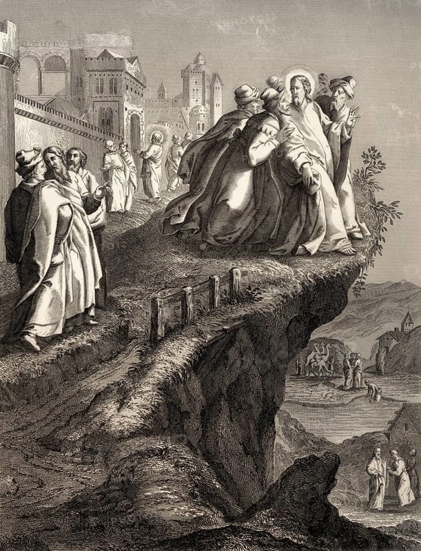 The attempt to throw Christ off a cliff, New Testament, steel engraving 1853, digitally restored