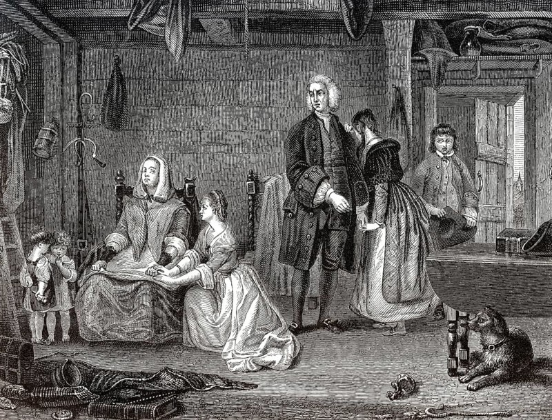 Szene aus The Vicar of Wakefield, einem Roman von Oliver Goldsmith (1728, 1774), einem irischen Schriftsteller